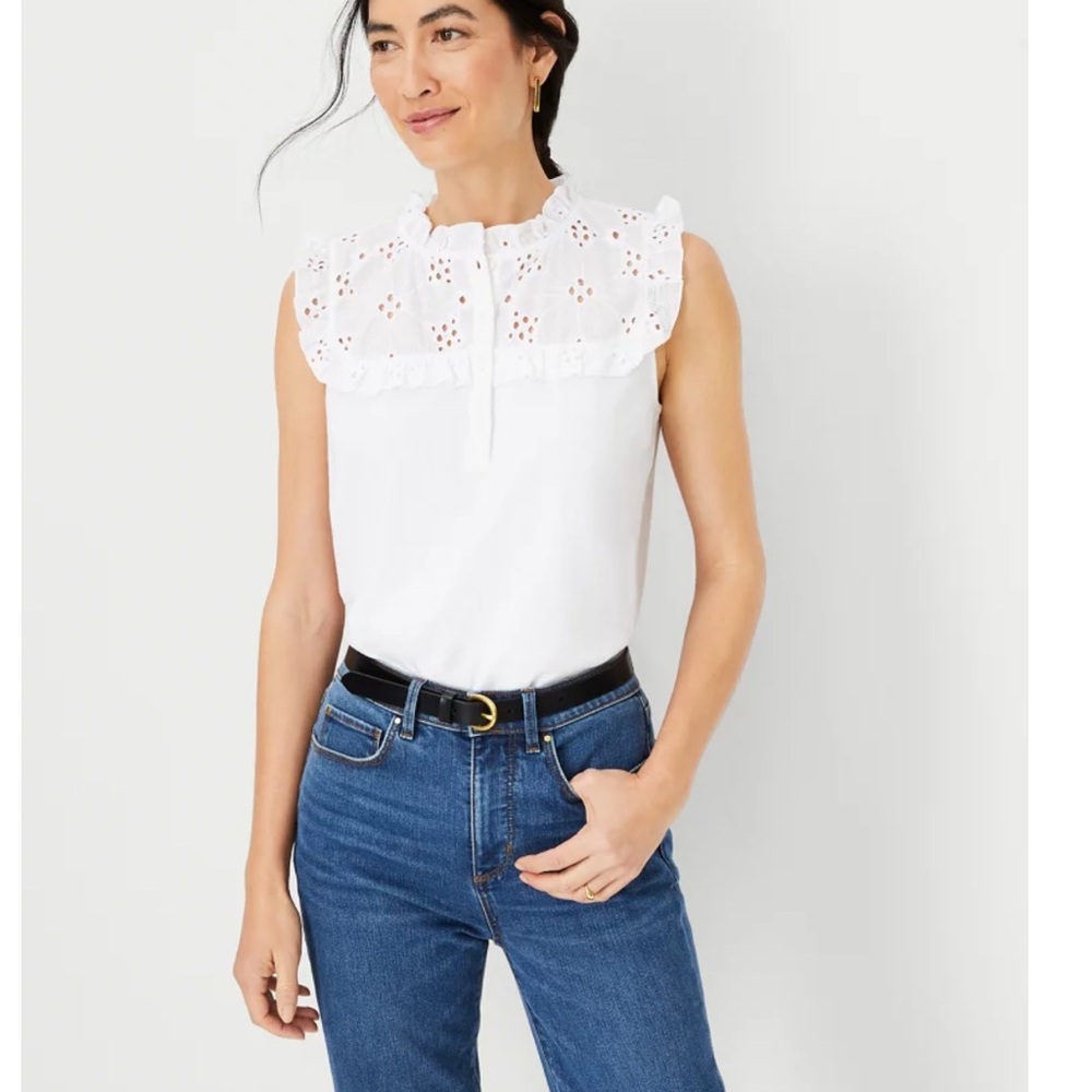 Ann Taylor White Sleeveless Eyelet Blouse